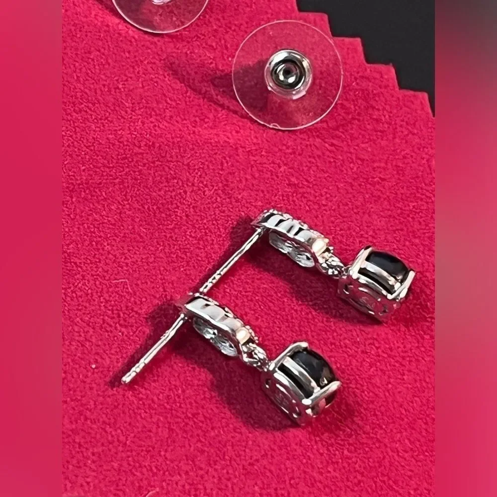 Blue Star Sapphire & Natural White Zircon Dangle Earrings Platinum / Sterling